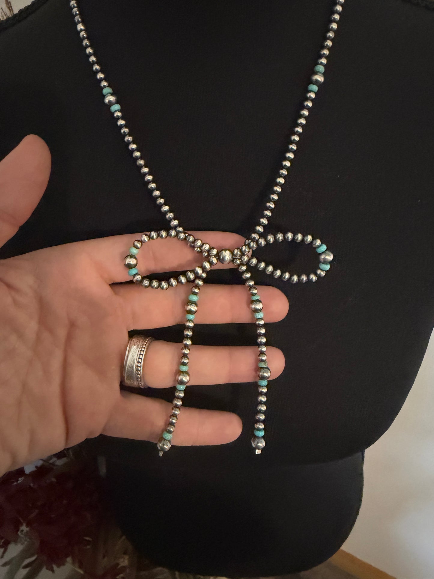 Sterling Pearl Bow Necklace with Turquoise