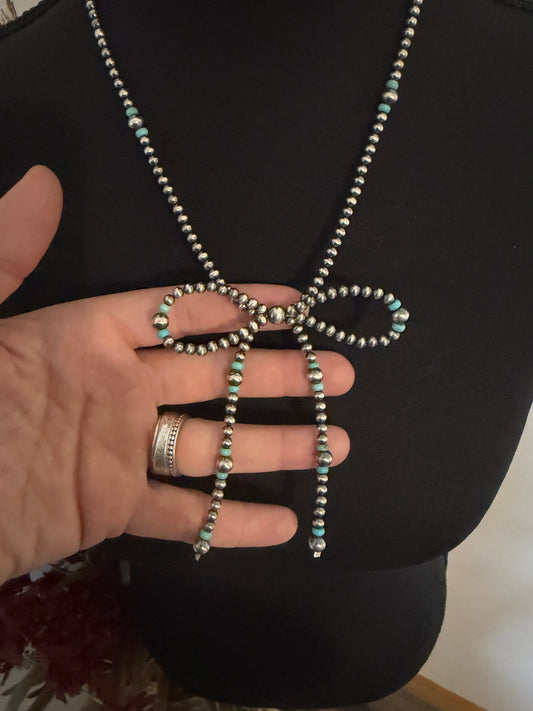 Sterling Pearl Bow Necklace with Turquoise