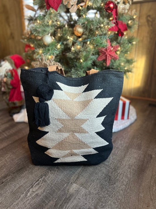 Black, Cream, and Tan Aztec Tote