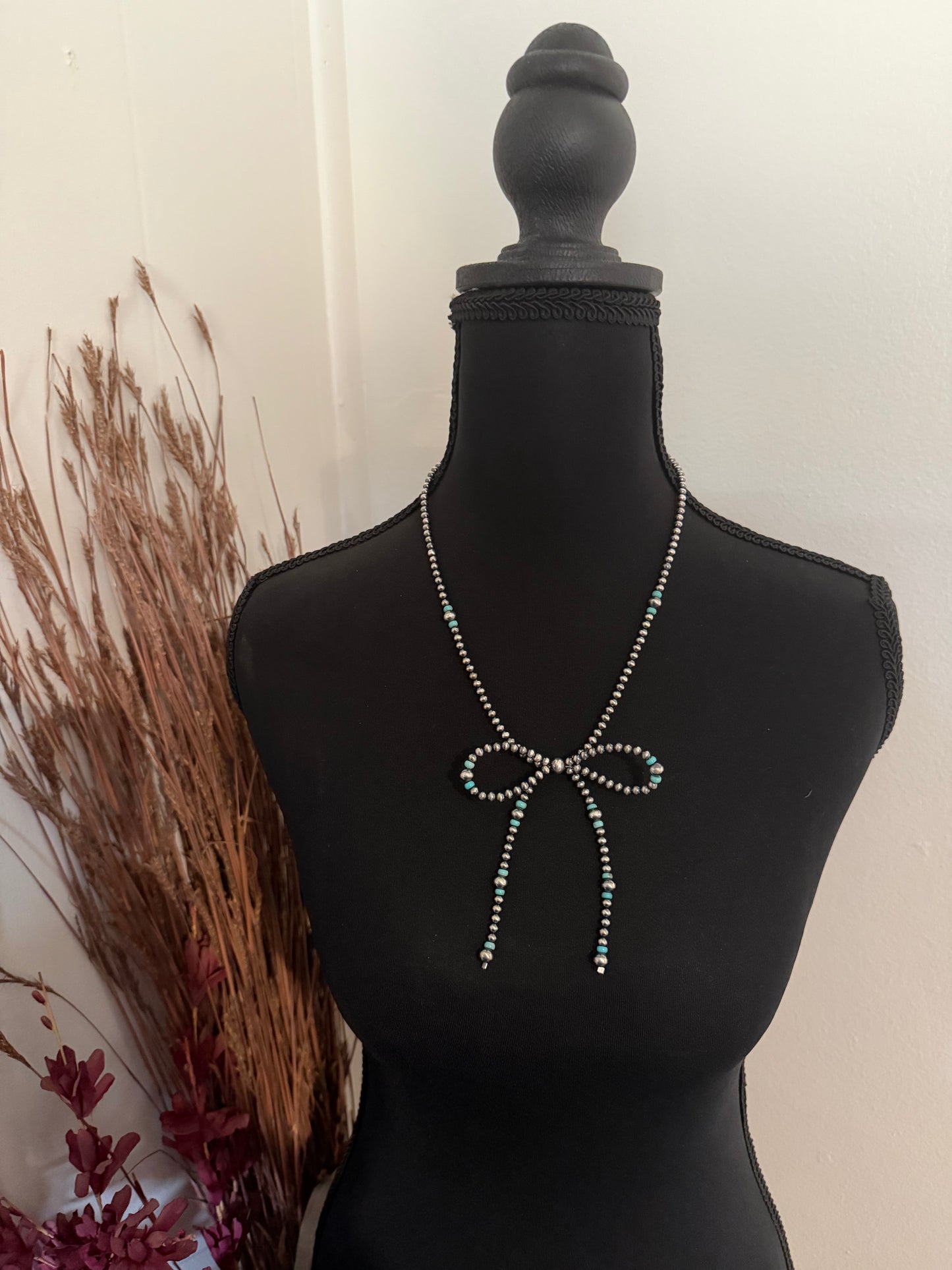 Sterling Pearl Bow Necklace with Turquoise