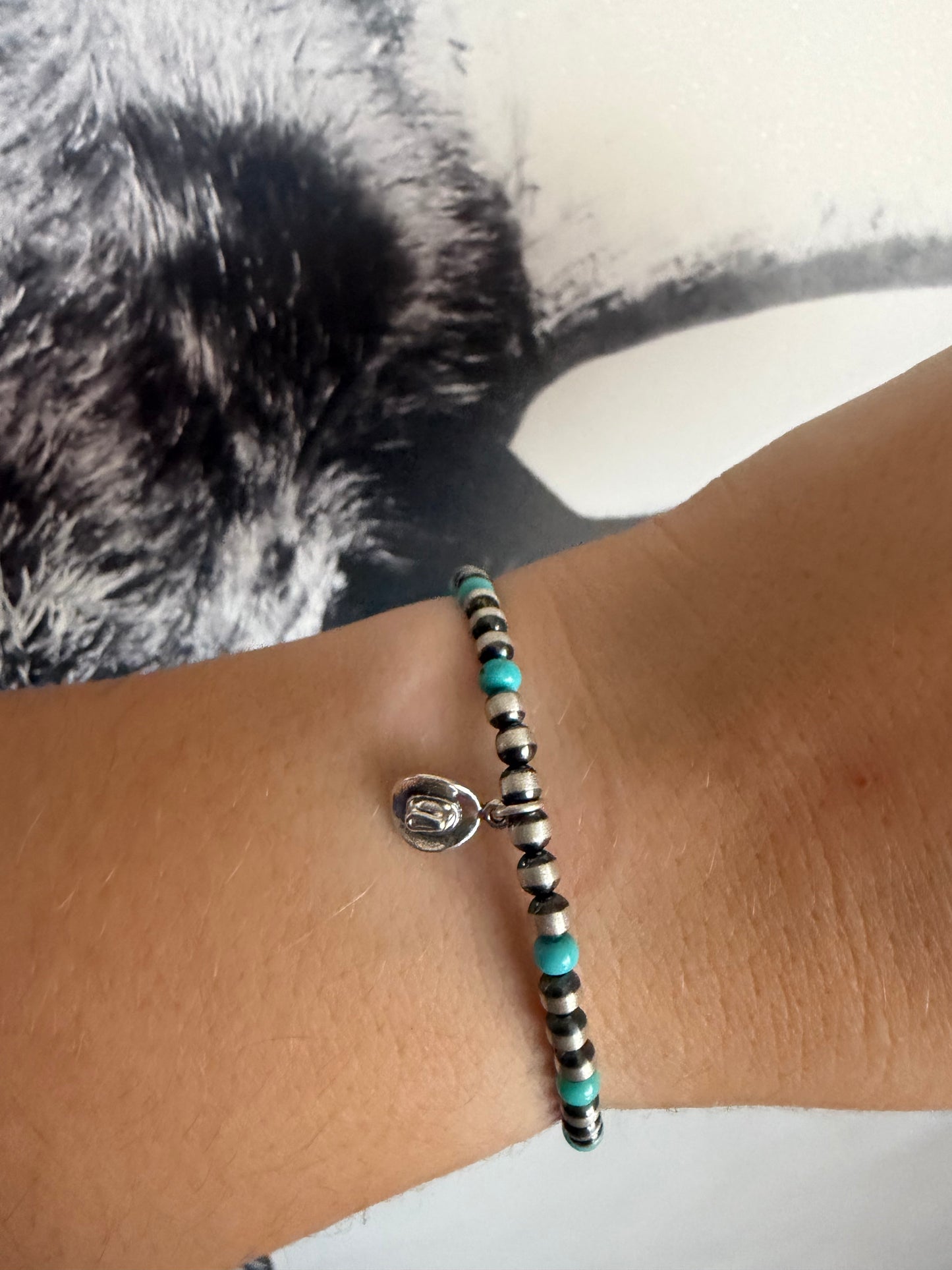 4mm sterling Pearl Memory Wire Bracelet with Cowboy Hat Charm