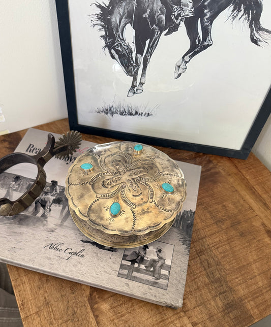 Stamped Round Jewelry Box with Turquoise