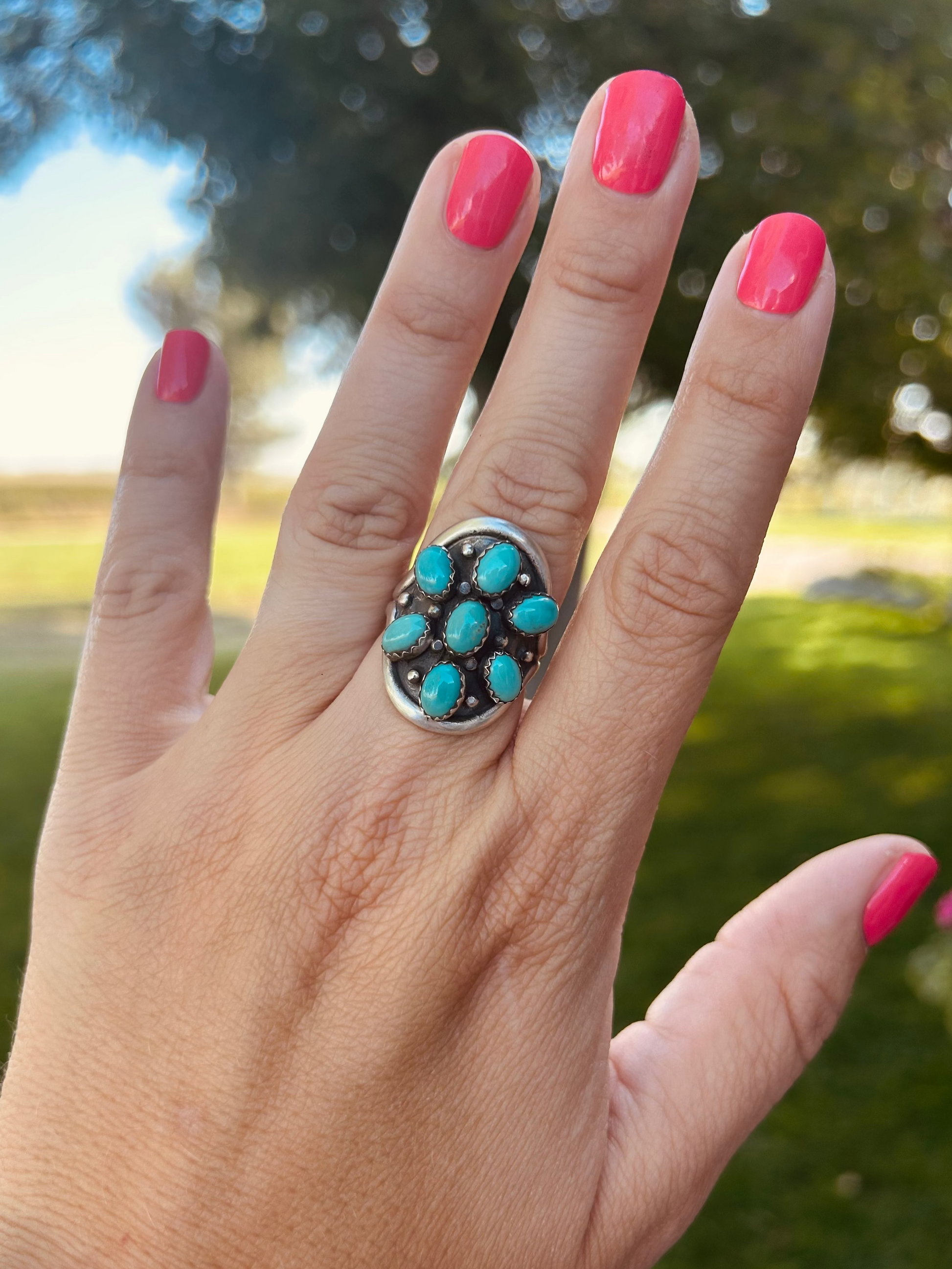 Crown Ring Rafter 7 Stone Kingman Cluster Ring Size 7.5 – Rafter JC Turquoise and Leather