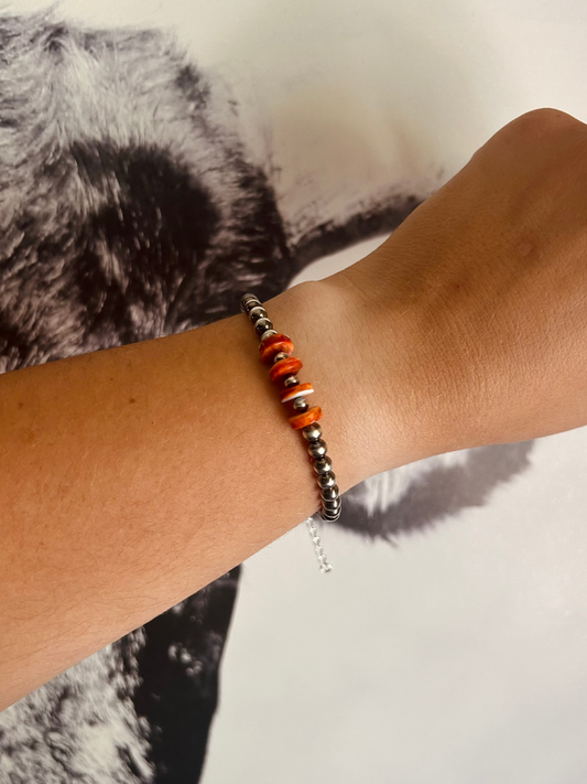 Orange Spiny and Sterling Pearls Bracelet