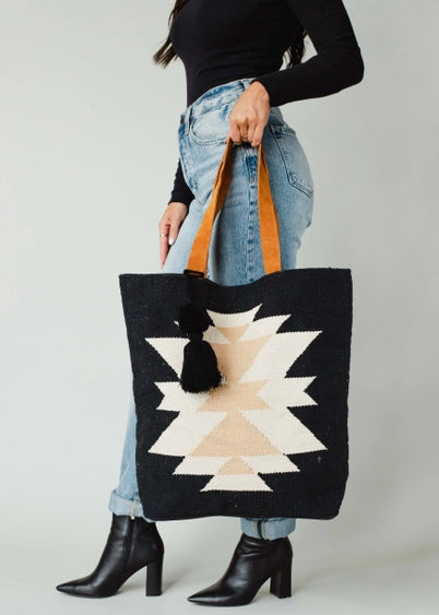 Black, Cream, and Tan Aztec Tote